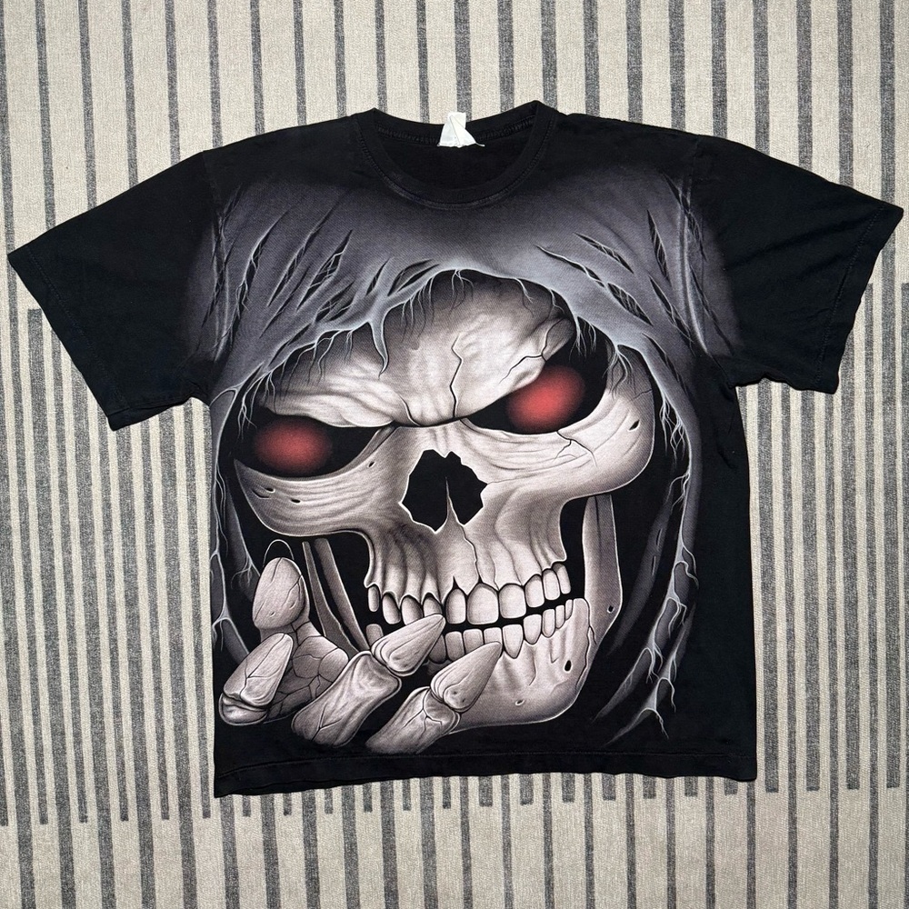 Vintage 90s Grim Reaper Skull All Over Print Tee Black Single Stitch Rock Eagle